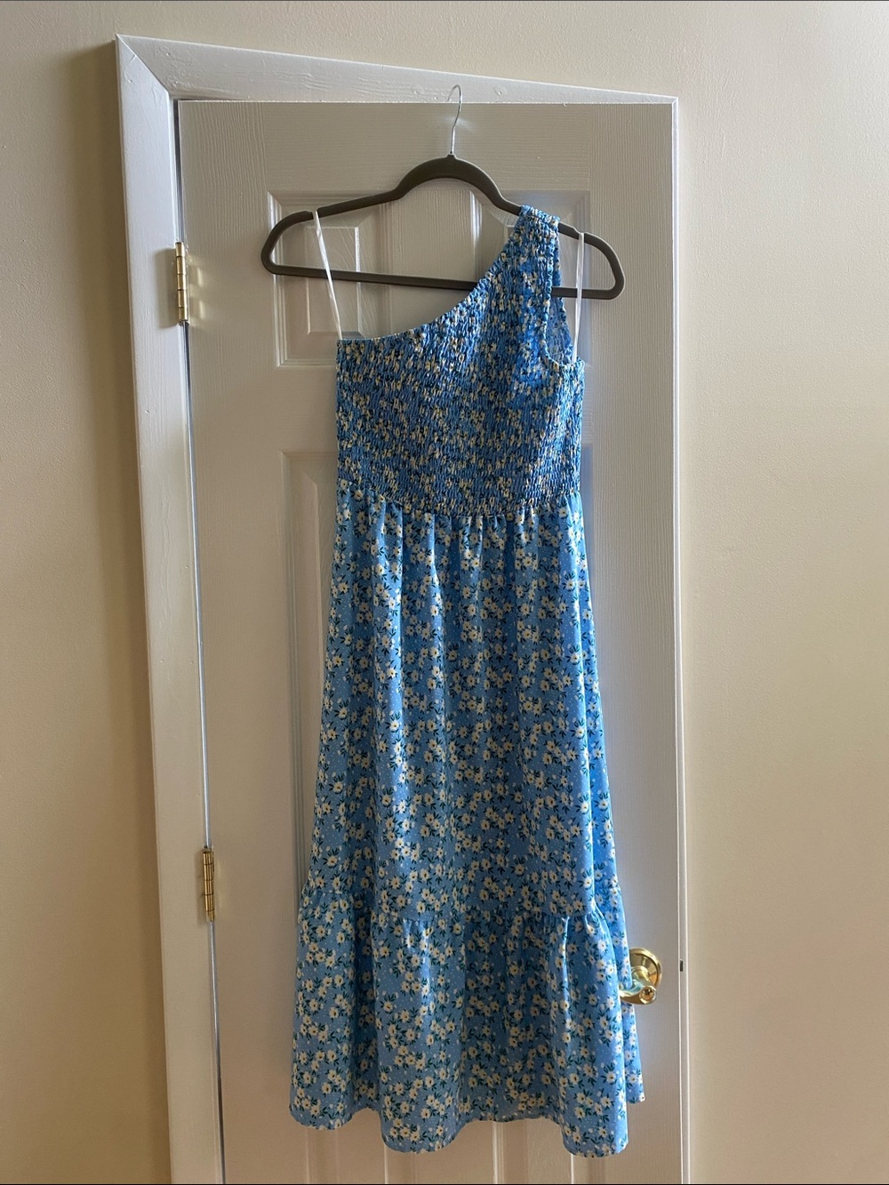 Blue One-Shoulder Floral Midi Dress with Smocked Bodice
